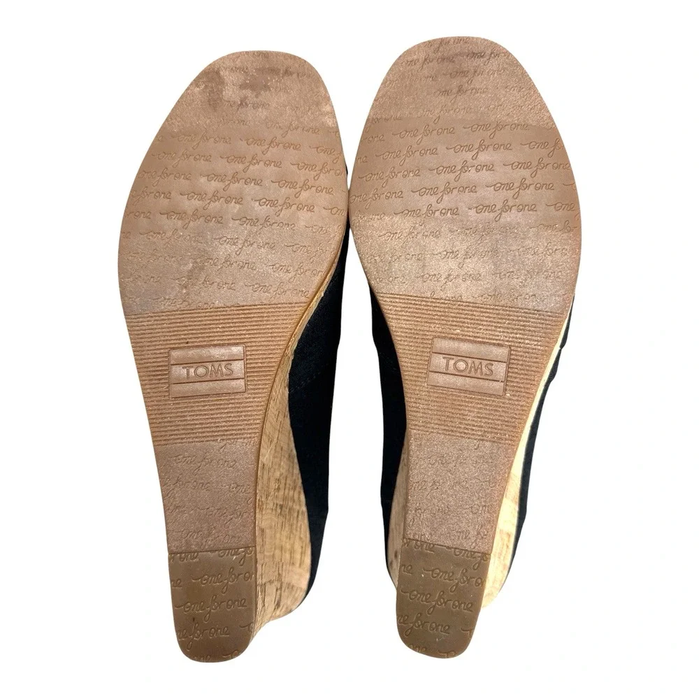 TOMS Black Cork Wedge Sandals Peep Toe Platform Slip On Heels Size 9.5M